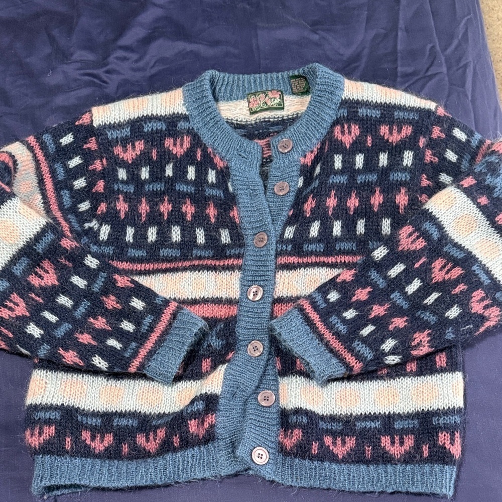 Paris Sport Club Colorful Patterned Cardigan Sweater  with Mohair sz m